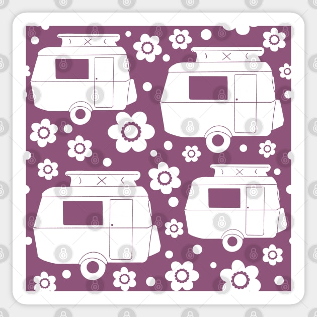 Daisy Polka Dot Vintage Caravan Pattern in Purple and White Sticker by NattyDesigns